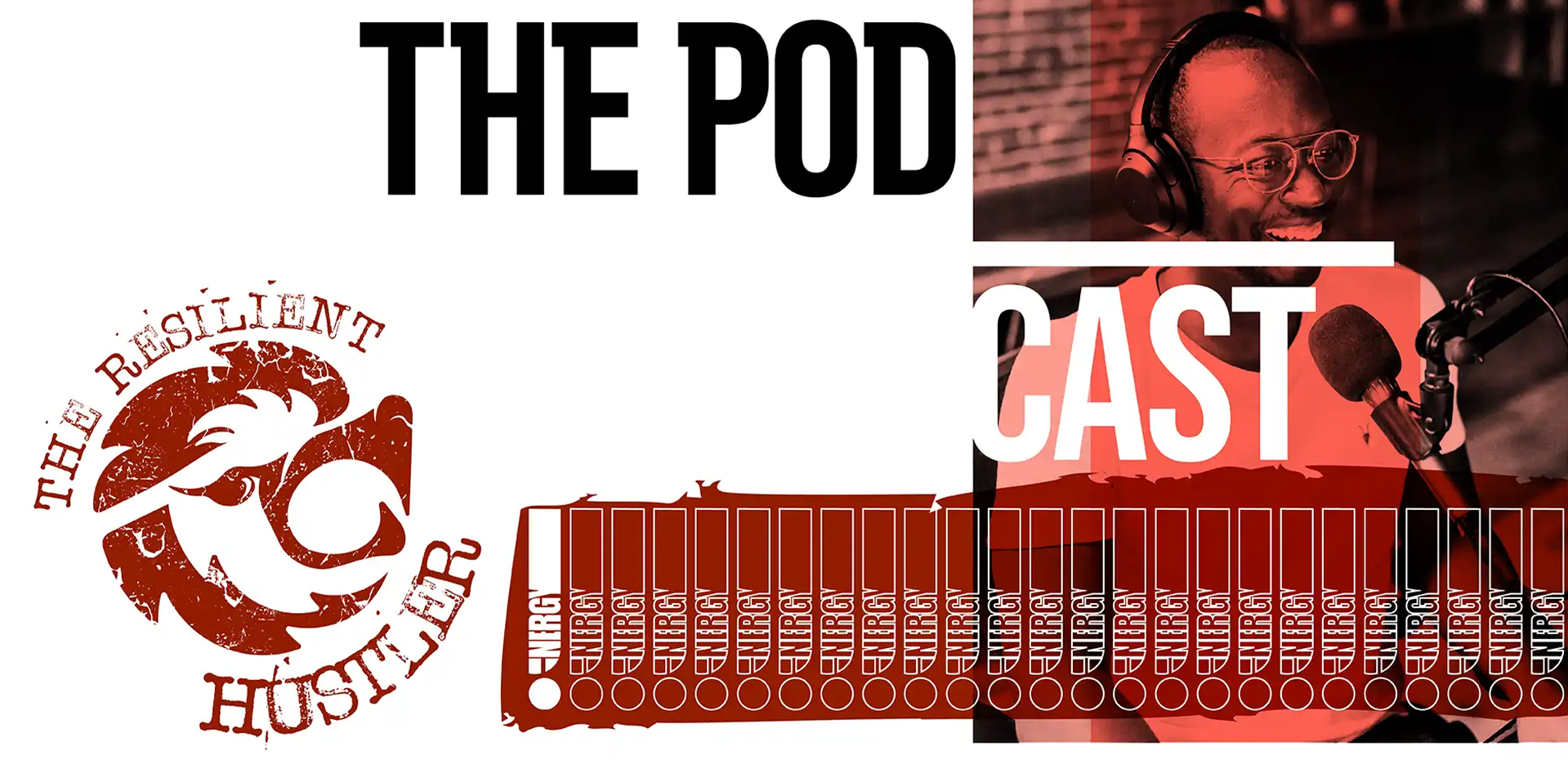 The Resilient Hustler hero image, showing a man talking into a microphone